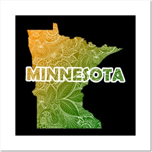 Colorful mandala art map of Minnesota with text in green and orange Posters and Art